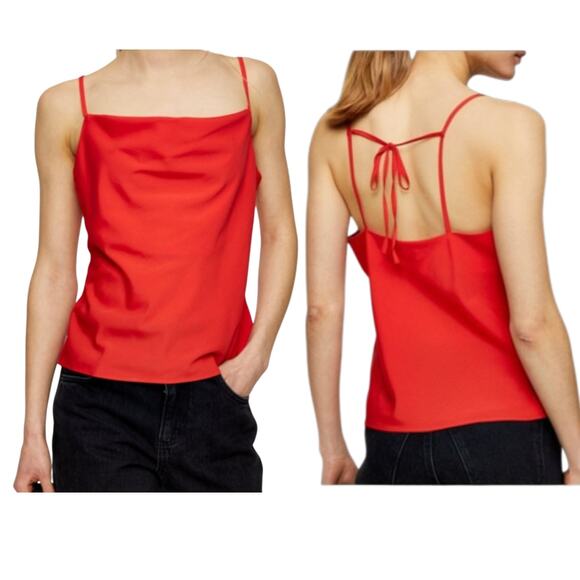 Topshop Tops - Cowl Neck Camisole Red Satin Slip Tank Women's 8 Y2K Summer Party Date Night